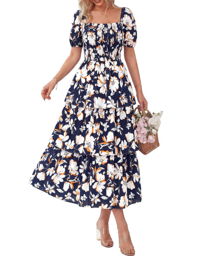 🔥Summer Hot Sale 50% OFF💃Women's Floral Square Neck Puff Short Sleeve Smocked Tiered Dress
