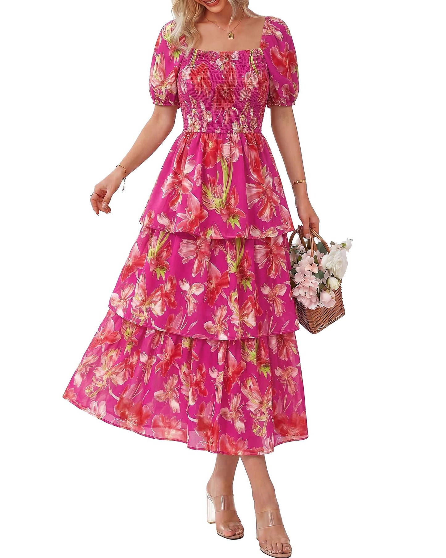 🔥Summer Hot Sale 50% OFF💃Women's Floral Square Neck Puff Short Sleeve Smocked Tiered Dress