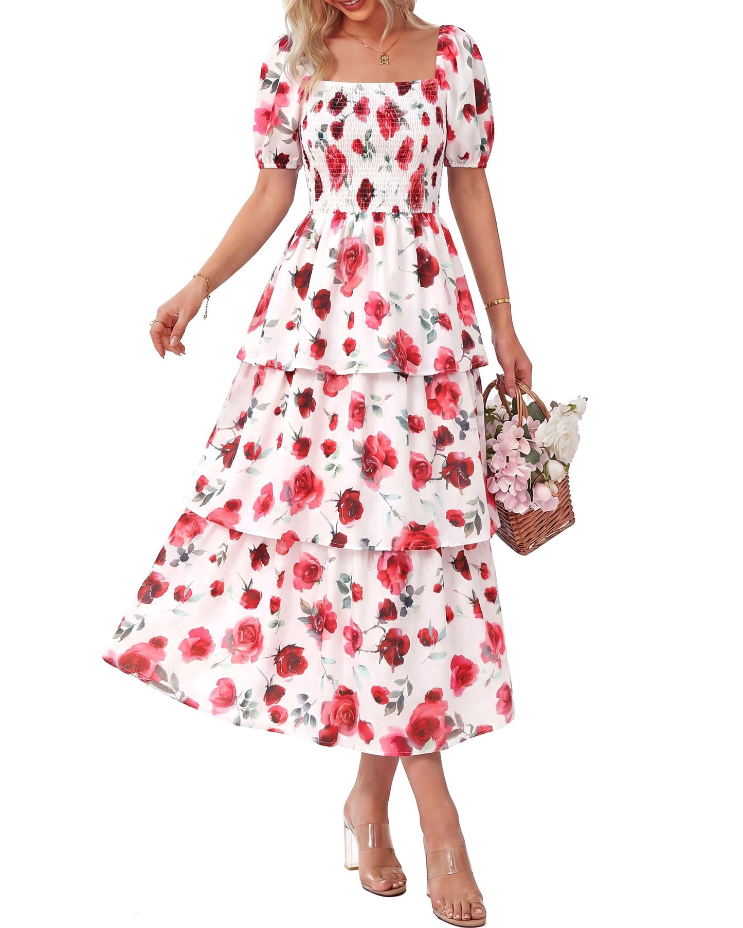 🔥Summer Hot Sale 50% OFF💃Women's Floral Square Neck Puff Short Sleeve Smocked Tiered Dress