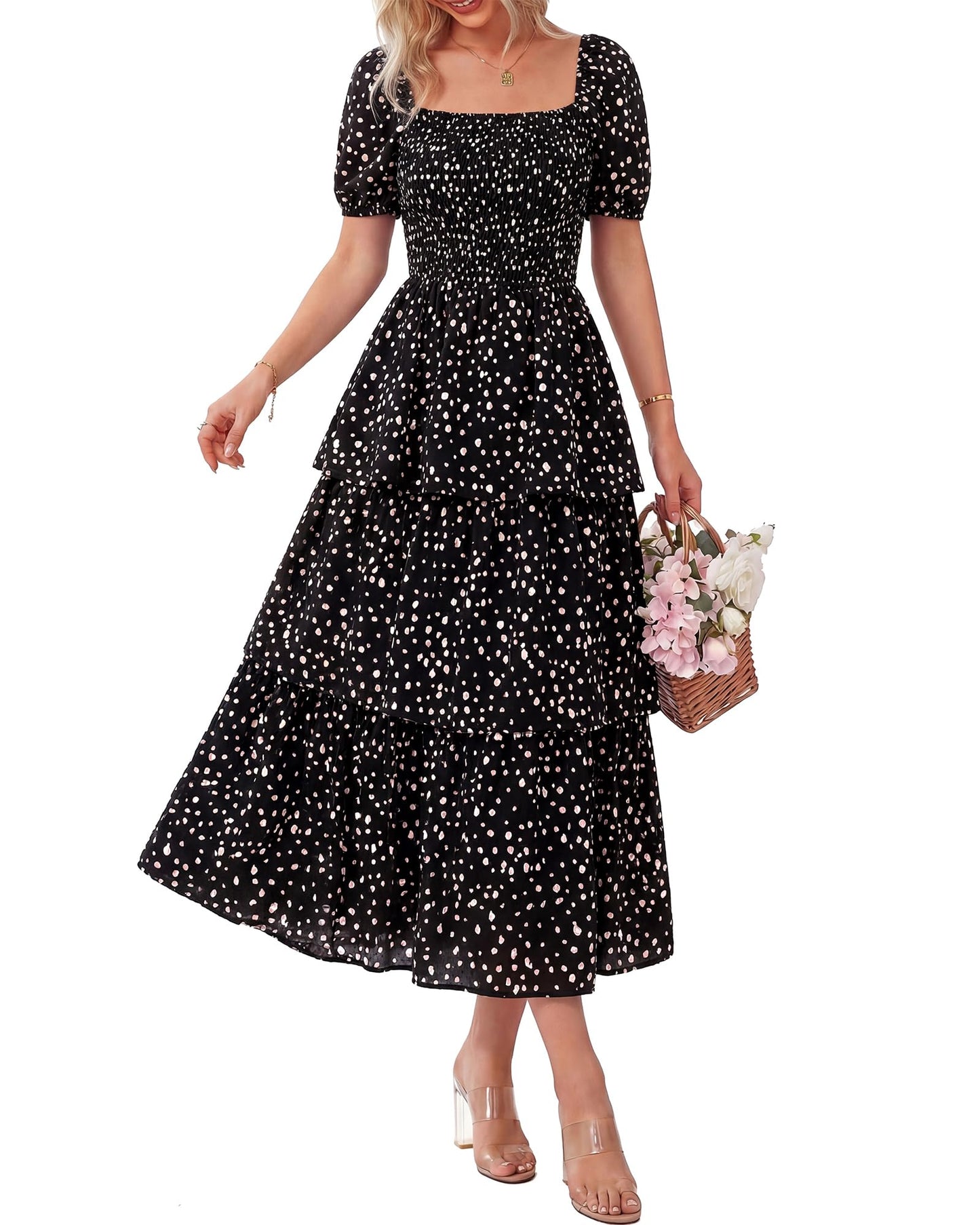 🔥Summer Hot Sale 50% OFF💃Women's Floral Square Neck Puff Short Sleeve Smocked Tiered Dress
