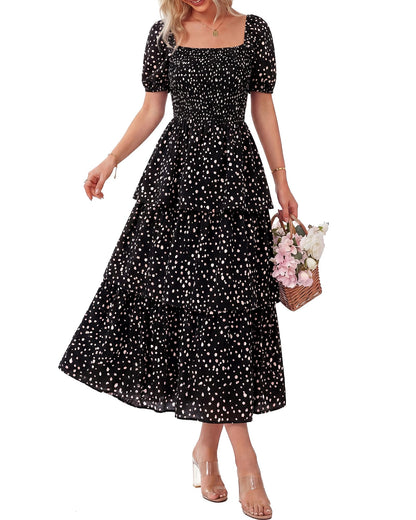 🔥Summer Hot Sale 50% OFF💃Women's Floral Square Neck Puff Short Sleeve Smocked Tiered Dress