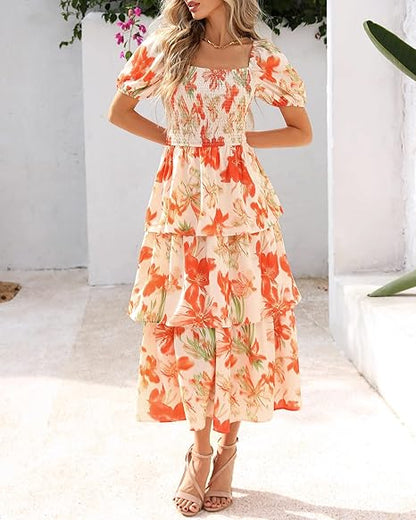 🔥Summer Hot Sale 50% OFF💃Women's Floral Square Neck Puff Short Sleeve Smocked Tiered Dress