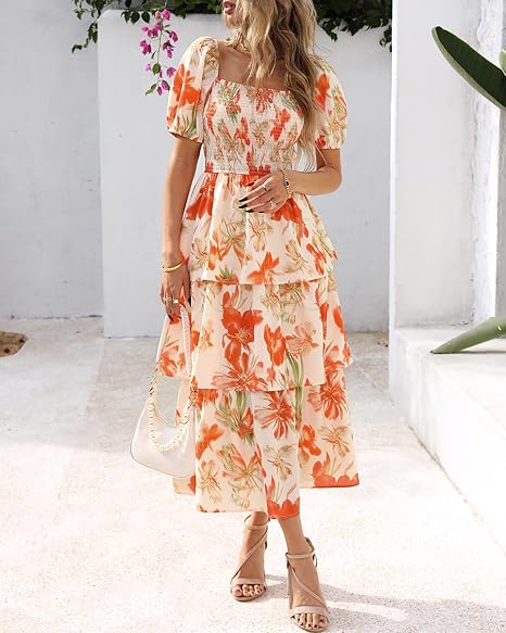 🔥Summer Hot Sale 50% OFF💃Women's Floral Square Neck Puff Short Sleeve Smocked Tiered Dress