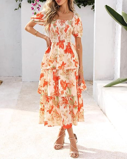 🔥Summer Hot Sale 50% OFF💃Women's Floral Square Neck Puff Short Sleeve Smocked Tiered Dress