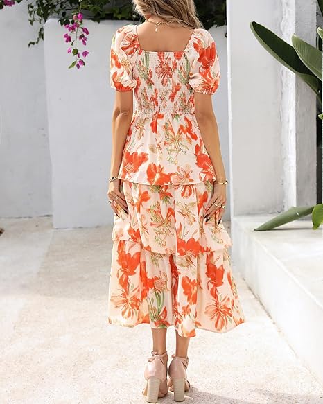 🔥Summer Hot Sale 50% OFF💃Women's Floral Square Neck Puff Short Sleeve Smocked Tiered Dress